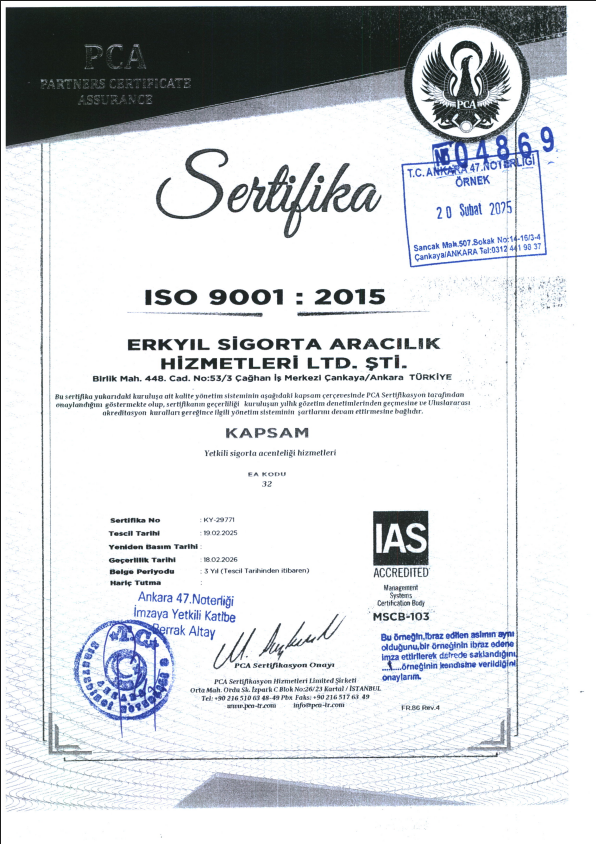Erkyıl Sigorta ISO 9001